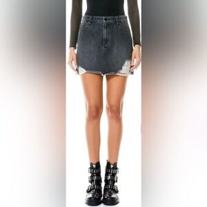 ALICE + OLIVIA Denim Short Skirt Mini Black Distressed Women High Rise Jean 26 2